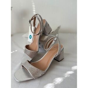 A New Day Shannon Silver Rhinestone Block Heel Sandals Square Toe Ankle Strap 8